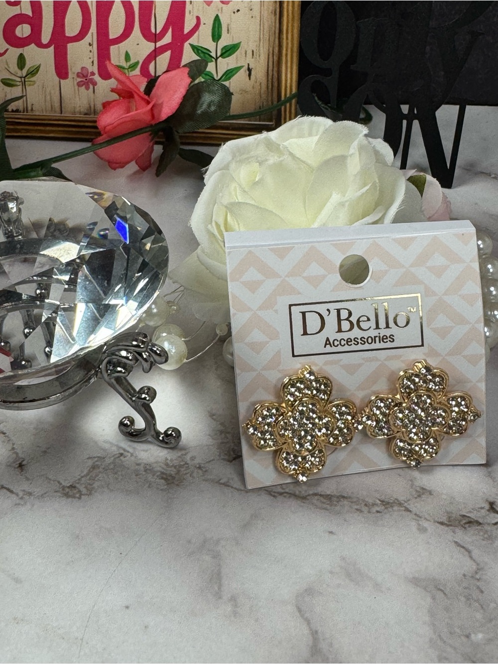 Gold Crystal Floral Stud Earrings - Gold